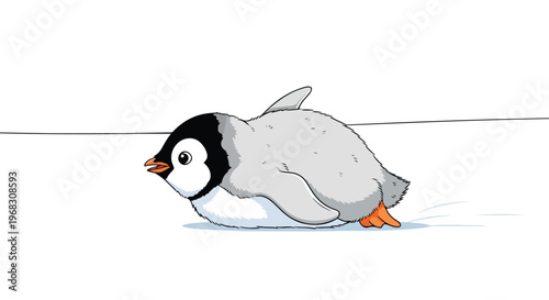 A cute cartoon baby penguin slides along the icy white snowy ground on its belly