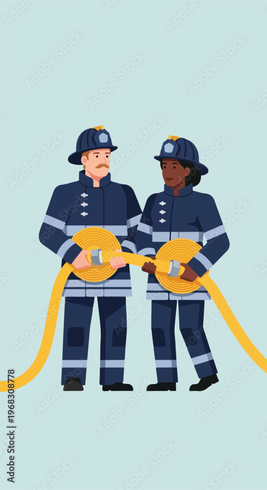 Fototapeta premium Two firefighters in protective gear standing together holding a yellow hose line