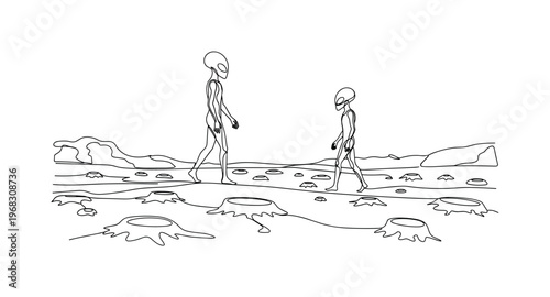 Martian Exploration. Minimalistic one-line drawing aliens walking across rocky terrain with craters, continuous single black line on white background, simple