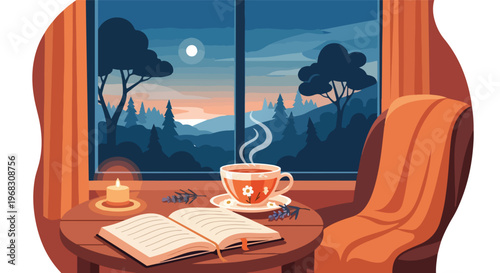 A cozy room with a steaming tea cup, an open book, and a scenic night landscape