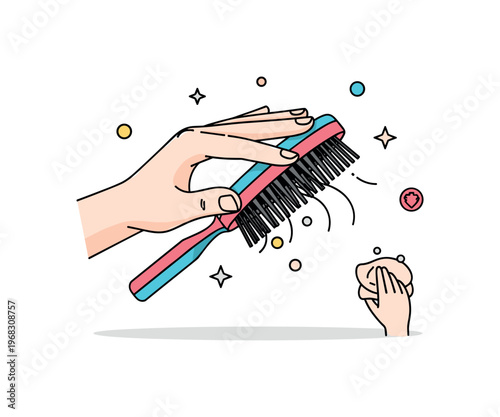 Hairbrush bristle brushing concept where a hand runs through the bristles gently while tiny sparkle and star icons highlight grooming, softness, and self-care.
