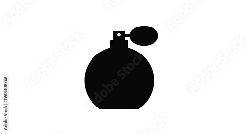A simple black silhouette depicts a vintage perfume bottle with a rounded shape and spherical cap