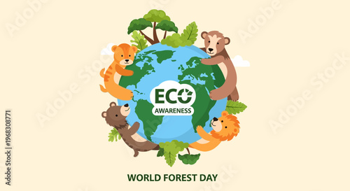 World Forest Day Eco Awareness Cute Animals Around Globe.