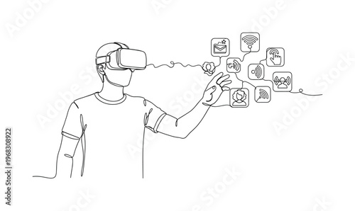 Virtual Reality Interaction. Minimalistic one-line drawing person with VR headset reaching out to interactive icons, continuous single black line on white