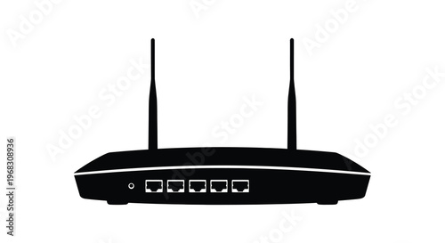 A simple black silhouette of a wireless router with two antennas depicting modern connectivity high quality