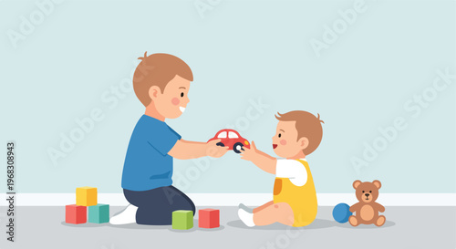 An older brother hands a small toy car to his happy baby brother on the floor