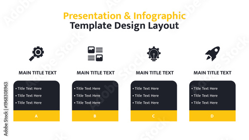 Infographic slide layout presenting four distinct options with bullet points and icons