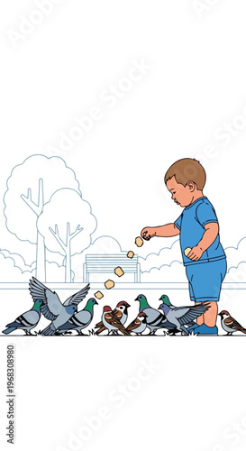 A small child in a blue outfit tosses bread crumbs to pigeons in a park setting