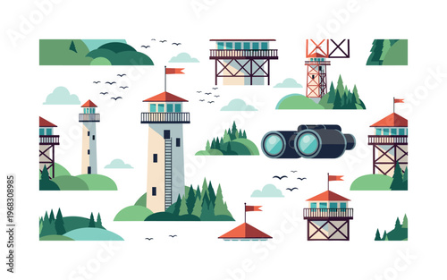tower observation seamless pattern, repeating pattern, surface design, textile print, modern illustration of watchtowers, hills, forests, observation decks,