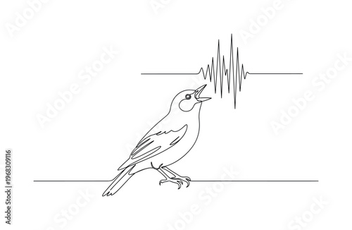 Birdsong Moment. Minimalistic one-line drawing perched bird with open beak and sound waves above, continuous single black line on white background, simple