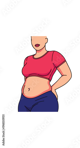 Illustration of a woman in a red crop top and blue pants posing with confidence