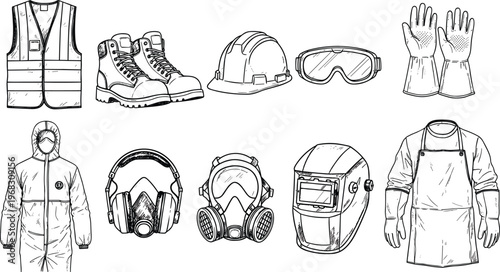 Personal protective equipment icons set featuring safety gear including helmet, gloves, boots, respirator, goggles and workwear for industrial protection and workplace safety