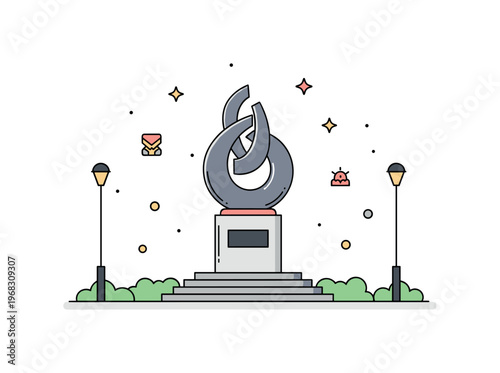 Sculpture street art concept where a public sculpture decorates an urban plaza while tiny sparkle and star icons highlight creativity, community engagement,