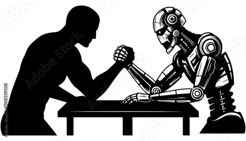 Robot arm wrestling with a human in black silhouette illustration