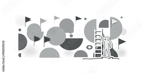 goal achievement abstract circles semicircles and abstract flag icons vintage monochrome individual reaching milestone on symbolic ladder with white cut-out