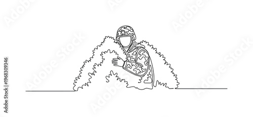 Camo Concealment. Minimalistic one-line drawing person partially hidden in bushes wearing camo, continuous single black line on white background, simple