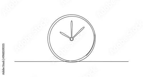 Clock Outline. Minimalistic one-line drawing round clock with visible hands, continuous single black line on white background, simple outline style, no