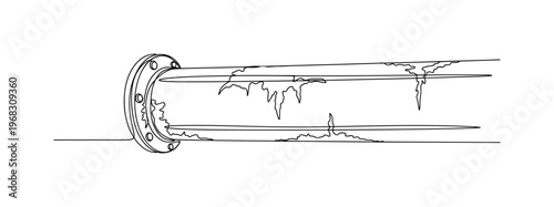 Pipe Deterioration. Minimalistic one-line drawing corroded pipe with flaking metal and rough surface, continuous single black line on white background, simple
