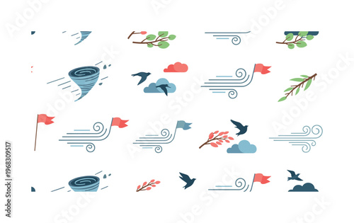 whirlwind patterns seamless pattern, repeating pattern, surface design, textile print, modern illustration of gusts, flying debris, swaying branches, clouds,