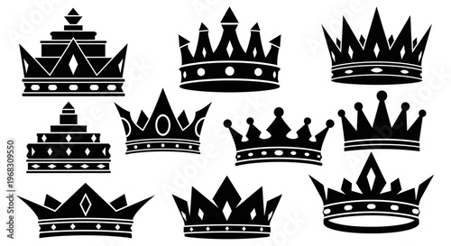 Collection of Black Royal Crowns and Tiaras Icons.
