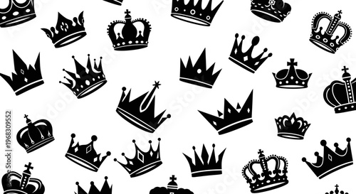 Collection of Black Royal Crowns on a White Background.