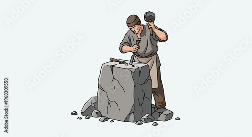 A stone mason carving a block with a hammer and chisel in a manual craft scene