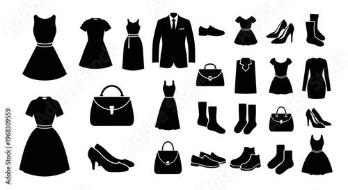 Collection of Black Silhouette Fashionable Clothing and Accessories.