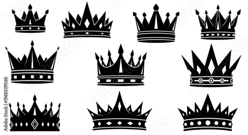 Collection of Black Royal Crowns Silhouette Icons.