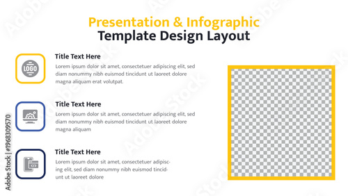 Infographic template with three text sections, associated icons and a large image placeholder