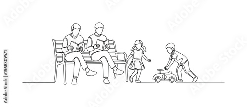 Outdoor Leisure. Minimalistic one-line drawing adults reading books on park benches with children playing nearby, continuous single black line on white