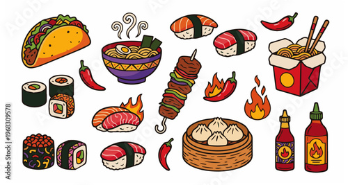 Japanese Food Doodle Set with Sushi, Ramen and Traditional Dishes