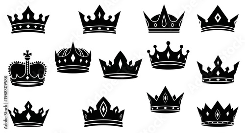 Collection of Black Royal Crowns Vector Icons.
