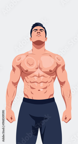 Illustration of a shirtless muscular man with circular marks on his chest area