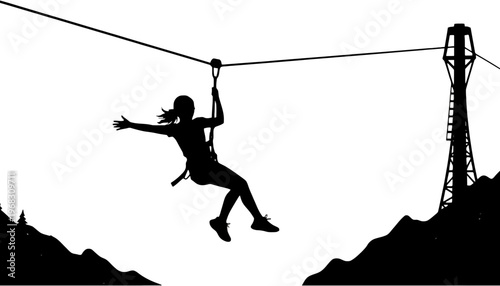 A woman ziplining silhouette against a mountainous landscape with a tower