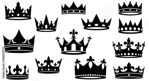 Collection of Royal Crowns Silhouettes Isolated on White Background.