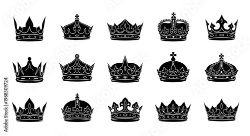 Collection of Royal Crowns Silhouettes Isolated on White Background.