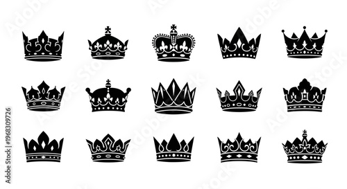 Collection of Royal Crowns Silhouettes Isolated on White Background.