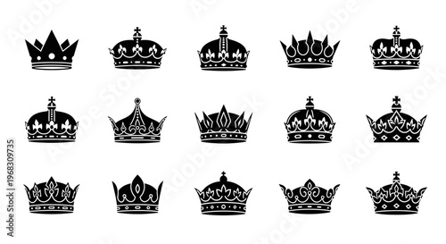 Collection of Royal Crowns Silhouettes Isolated on White Background.