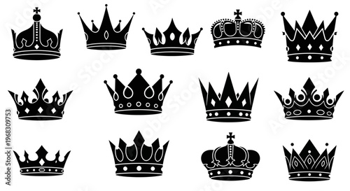 Collection of Royal Crowns Silhouettes Vector Illustration.