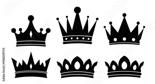 Collection of Six Black Silhouette Crowns on White Background.