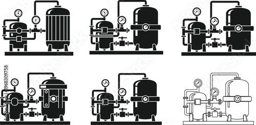 Vector Illustration Set of Industrial Water Filtration Systems Featuring Pressure Tanks, Gauges, Valves, and Pipe Infrastructure Icons in Black and White Flat Design