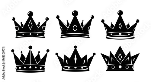 Collection of Six Black Royal Crowns Icons.