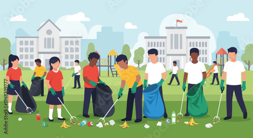 A group of diverse children cleaning up garbage at a public park playground area
