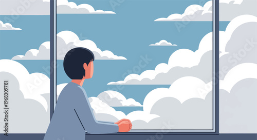 A person gazes out of a large window at a sky filled with fluffy white clouds