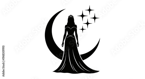 Elegant Silhouette of a Queen Standing Before a Crescent Moon and Stars.