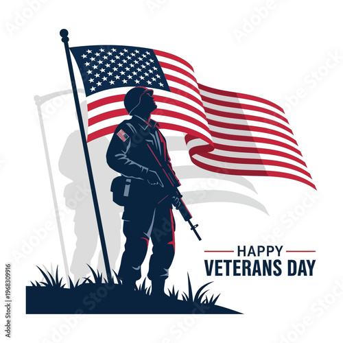 Illustration of a soldier standing proudly with a rifle and American flag, honoring armed forces heroes on Veterans Day with a patriotic celebration artwork and military tribute design.
