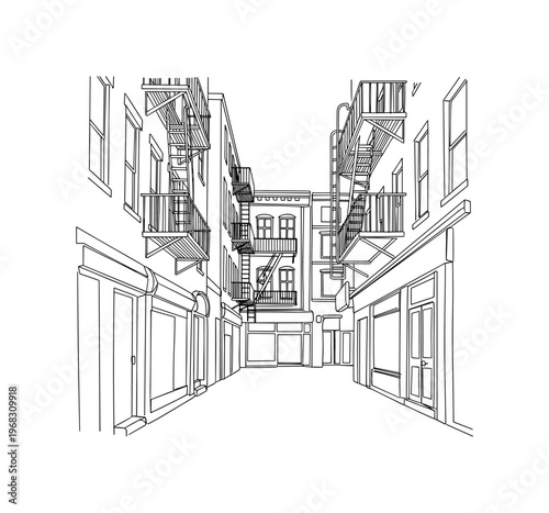Sepia Mood Scene. Minimalistic one-line drawing urban alley or street with warm tone suggestion, continuous single black line on white background, simple
