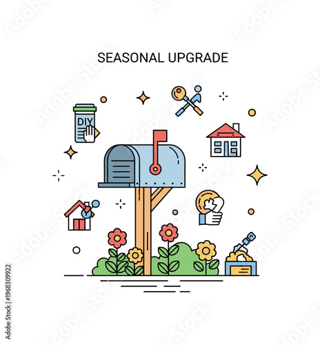 Replacing the mailbox seasonal upgrade scene where a new mailbox is installed with flowers around the yard while small sparkle and line icons emphasize home