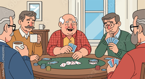 A group of elderly men gather together to play a friendly card game at a table