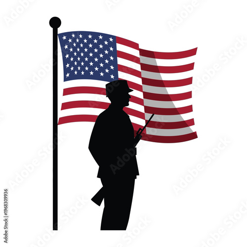 A patriotic veterans celebration artwork featuring a soldier silhouette memorial vector honoring armed forces heroes with a flag and veteran tribute design on a clean white background.
